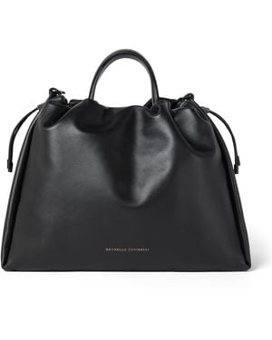 Brunello Cucinelli Large Leather Mellow Bucket Bag - Black