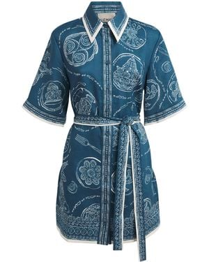 ALÉMAIS Linen Printed Lucky Mini Dress - Blue