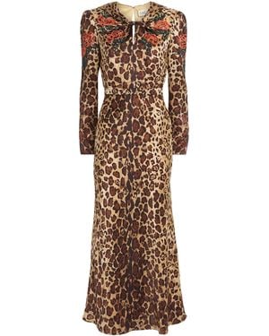 Saloni Satin Beaded Cheetah Print Claudia Midi Dress - Brown