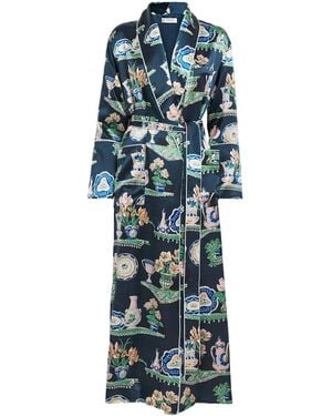 Olivia Von Halle Silk Pottery Print Capability Robe - Blue