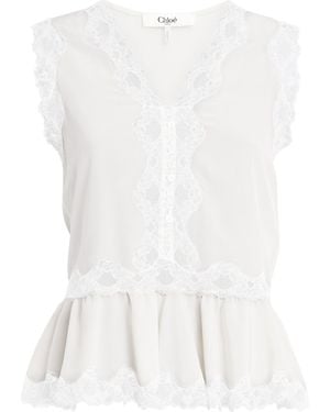 Chloé Silk Crepe De Chine Lace Peplum Top - White