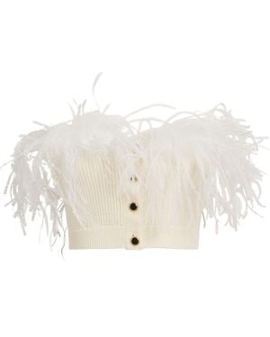 Alessandra Rich Wool Feather-Trim Bandeau Top - White