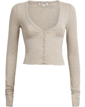 ÉTERNE Ribbed Cropped V-Neck Cardigan - Grey