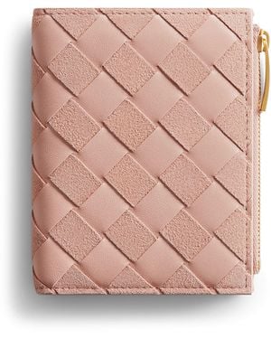 Bottega Veneta Small Leather-Suede Intrecciato Bifold Wallet - Pink