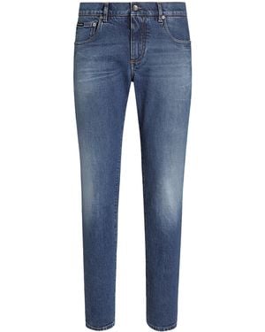 Dolce & Gabbana Slim-Fit Leather Patch Jeans - Blue