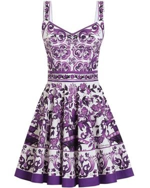 Dolce & Gabbana Majolica Print Pleated Mini Dress - Purple
