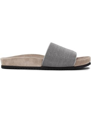 Brunello Cucinelli Suede Embellished Slides - White