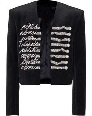 Balmain Cropped Velvet Jacket With "Love Letter" Embroidery - Black
