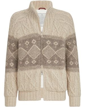 Brunello Cucinelli Virgin Wool-Silk-Cashmere Cable-Knit Down Jacket - Natural