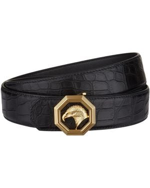 Stefano Ricci Octagon Eagle Head Buckle Croc Belt - Black