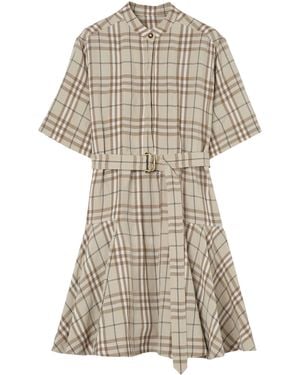 Burberry Short-Sleeve Check Linen-Blend Belted Mini Shirtdress - White