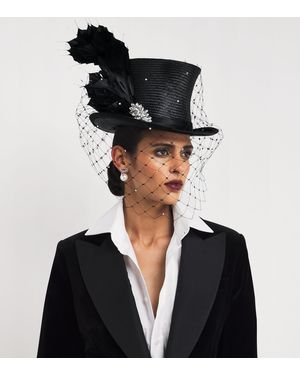 Victoria Grant Feathered Veil Top Hat Fascinator - Black