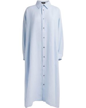 Eskandar Linen Check A-Line Midi Shirt Dress - Blue