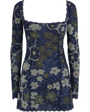 Clio Peppiatt Beaded Dahlia Mini Dress - Blue