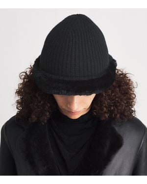 Yves Salomon Wool-Cashmere Rabbit Fur Trim Beanie - Black