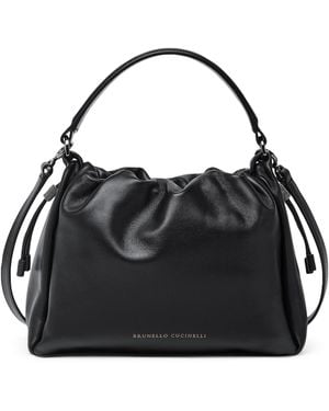Brunello Cucinelli Small Leather Mellow Bucket Bag - Black