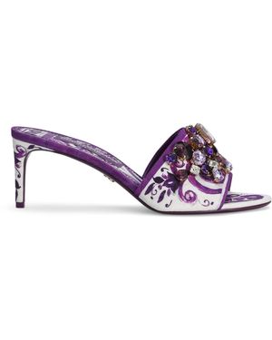 Dolce & Gabbana Crystal-Detail Majolica Print Heeled Mules 60 - Purple