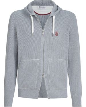 Brunello Cucinelli Cotton Ribbed Zip-Up Hoodie - Grey