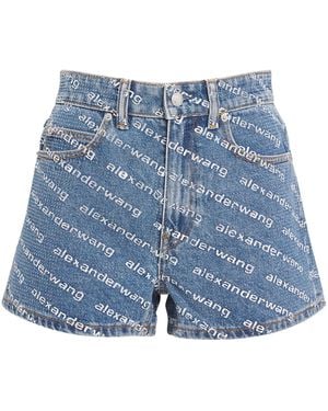 Alexander Wang Crystal-Embellished Logo Denim Shorts - Blue