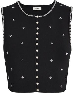 Sandro Knitted Embellished Crop Top - Black