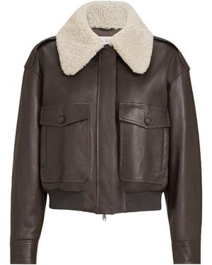 Brunello Cucinelli Nappa Leather Shearling Collar Aviator Jacket - Brown