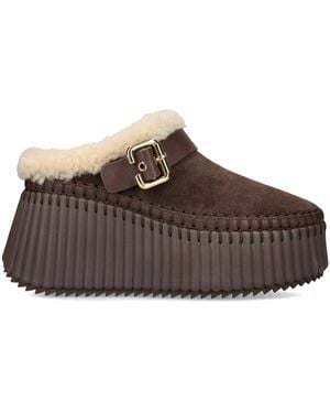 Chloé Suede-Shearling Nama Wedge Mules 90 - Brown