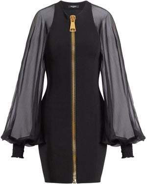 Balmain Sheer-Sleeve Compact-Knit Mini Dress - Black