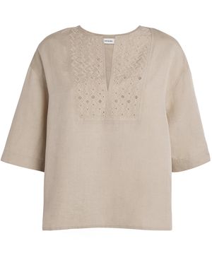 Yves Salomon Silk-Linen Embroidered Top - Natural