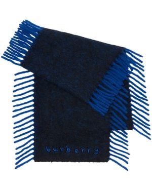 Burberry Logo Embroidered Fringed Happy Scarf - Blue