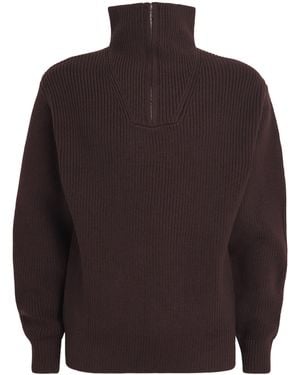 Officine Generale Merino Wool Quarter-Zip Ribbed Jumper - Brown