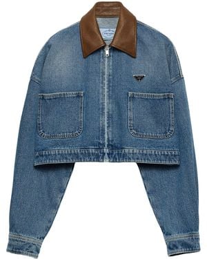 Prada Leather-Collar Cropped Denim Jacket - Blue