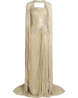 Marmar Halim Metallic Pleated Cape Gown - Natural