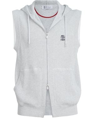 Brunello Cucinelli Cotton Rib-Knit Sleeveless Hoodie - White