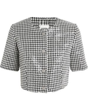 Sandro Tweed Houndstooth Sequin Jacket - White