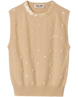 Miu Miu Cashmere Embellished Knit Vest - Natural