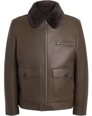 Yves Salomon Shearling-Collar Leather Aviator Jacket - Brown