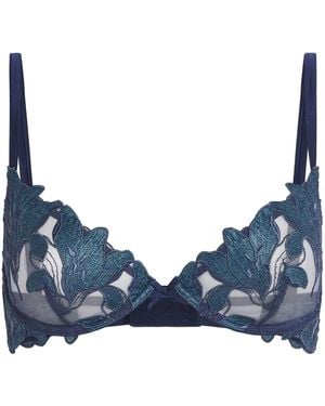 Fleur du Mal Lily Embroidered Plunge Demi Bra - Blue