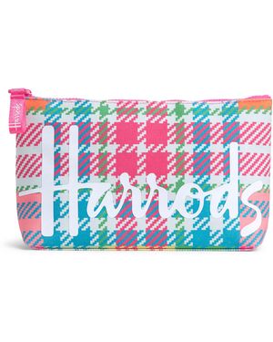 Harrods Medium Cotton Tartan Logo Cosmetic Bag - Blue