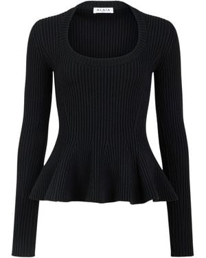 Alaïa Wool-Blend Peplum Top - Black