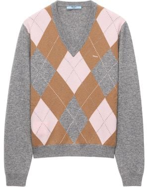 Prada Cashmere Argyle V-Neck Jumper - Grey