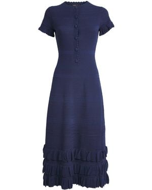 Maje Knitted Ruffle-Detail Midi Dress - Blue
