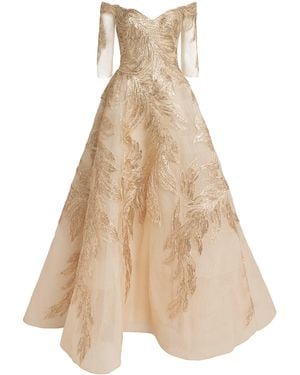 Monique Lhuillier Tulle Feather-Embroidered Gown - Natural