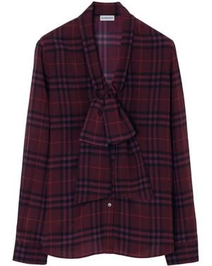 Burberry Silk Check Pussybow Blouse - Purple
