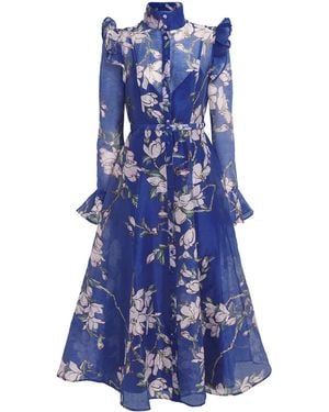 LEO LIN Linen-Blend Floral Katrina Midi Dress - Blue