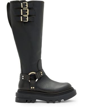 AllSaints Jade Knee High Leather Biker Boots,, /Warm Brass - Black