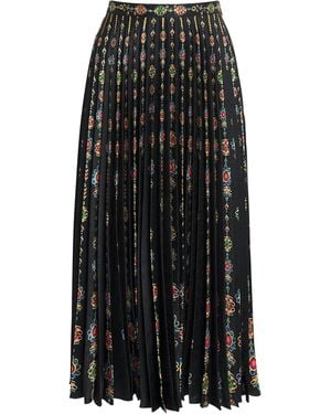 Saloni Satin Pendant Stripe Print Pleated Midi Skirt - Black