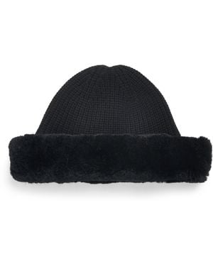 Yves Salomon Wool-Cashmere Rabbit Fur Trim Beanie - Black