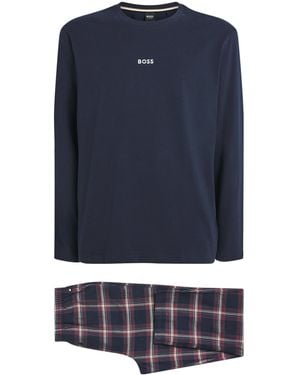 BOSS Cotton-Blend Check Pyjama Set - Blue