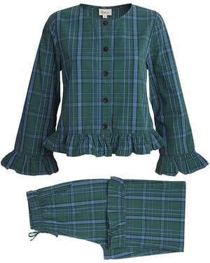 TBCo Cotton Tartan Ruffle Pajama Set - Blue
