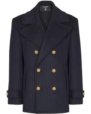 Balmain Merino Wool-Blend Stripe Pea Coat - Blue
